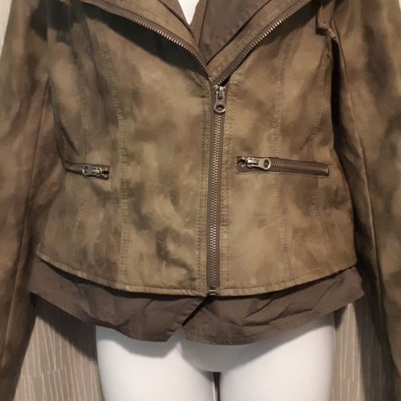 Khaki Faux Leather Hooded Bomber Jacket sz Large - Picture 2 of 7